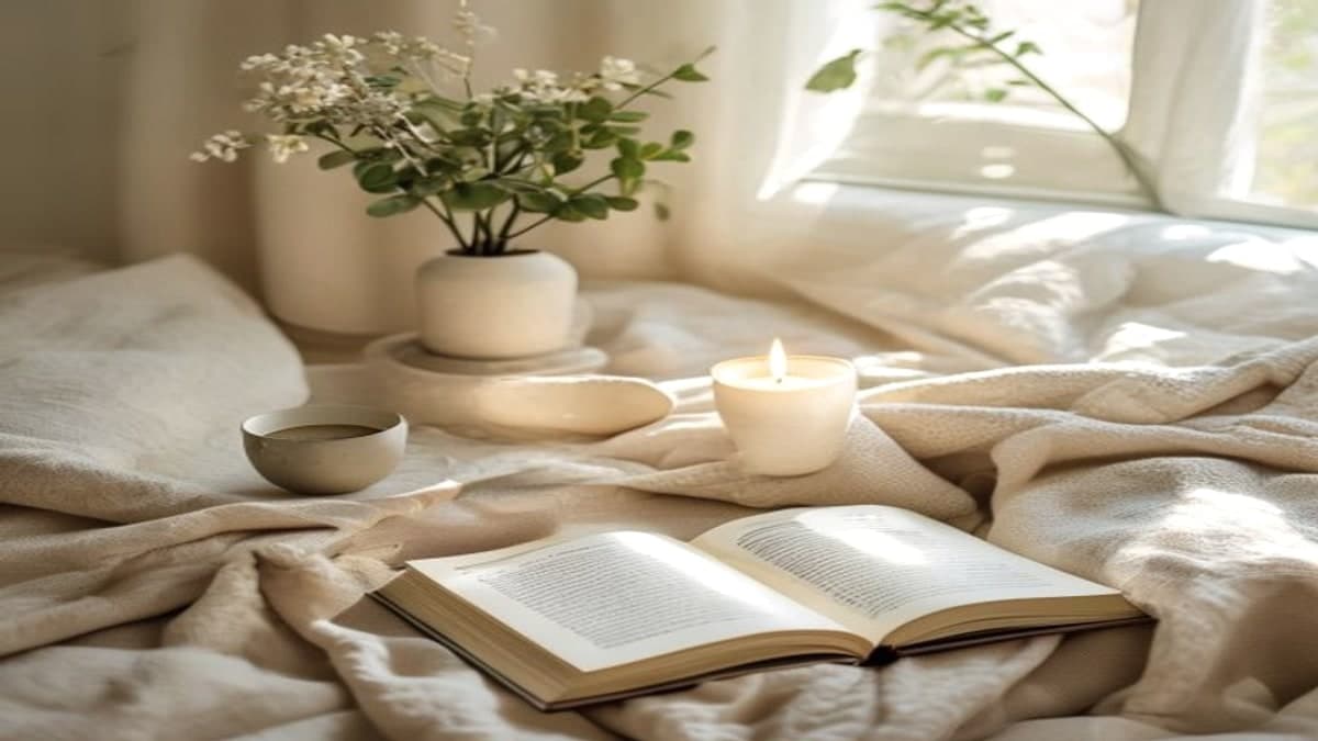 Quiet bright room with a candle, plant, and neutral fabrics